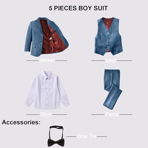 Image of Boy Suits 5 Pieces Formal Suit Set with Adjustable Waist Kids Dress Suit for Wedding Prom