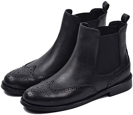 DONNAIN Brogue Leather Women Chelsea Boots Chunky Low Heel Elastic Slip on Short Booties Outdoor (7 B(M) US, BLACKW9)