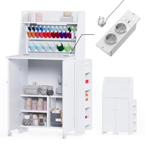 LED Nähtisch klappbar mit 33 Garnhalter & 2 Steckdosen USB+Typ-C Nähmaschinenschrank mit viel Stauraum Mobiler Nähmaschinentisch auf Rollen Platzsparender Basteltisch für Wohnzimmer Schlafzimmer
