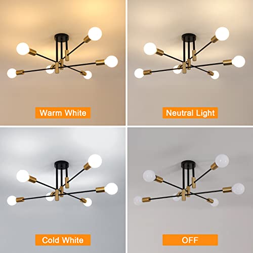 Goeco Modern Sputnik Chandelier Light Fixture, 6 Lights Mid Century Semi Flush Mount Ceiling Light, Adjustable Arm Pendant Ceiling Lighting For Living Room Bedroom Kitchen Dining Room Hallway #TOP2