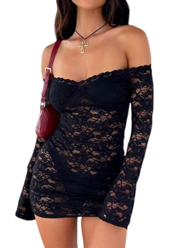 Women Sexy Off Shoulder Floral Lace Bodycon Mini Dress Y2K Flared Sleeves Short Dress Mesh Sheer Night Out Dresses