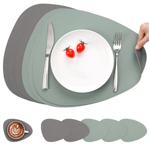 Myir JUN Manteles Individuales y Posavasos de Cuero, Salvamanteles Individuales y Posavasos Lavables de PVC Manteles Individuales y Posavasos (Gris Verde Salvia, Juego de 6)
