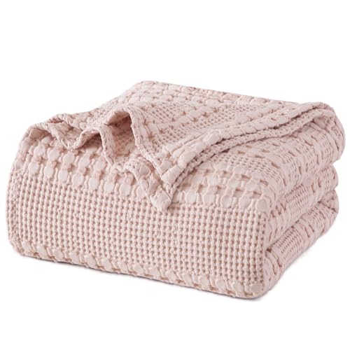 Image of PHF 100% Cotton Waffle Blanket Queen Size for Bed, Lightweight Breathable and Soft for Summer, Luxury Aesthetic Waffle Weave Blanket for Home Decor & Gifts for Women, 90 inchx90 inch, Pink /Mauve