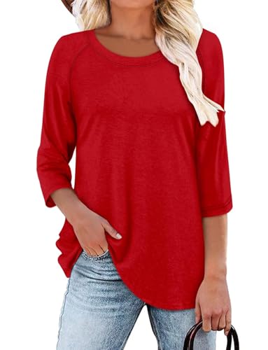 KISSMODA Tunic Tops for Women Loose Fit Dressy Round Neck Pleated 3/4 Length Sleeve Spring Tops
