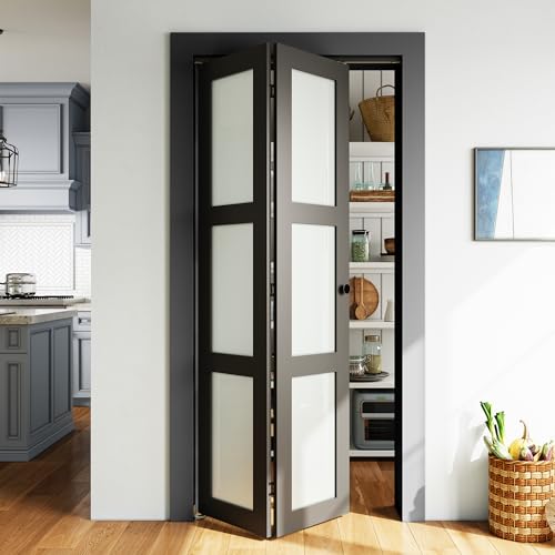 SMARTSTANDARD 36in x 80in Closet Bifold Door with Bi-fold Door Hardware Kit Included, Tempered Frosted Glass Closet Door, Preassembled Panel, Water-Proof PVC Surface, Black Panel 35.5" x 78"