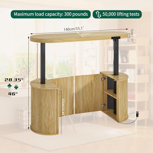 Image of Mid Century Modern Electric Standing Desk with Storage, 55 x 22 Inch Small Sit Stand Up Desk, Wood Adjustable Height Computer Executive Desk for Home Office, Laptop, Oak