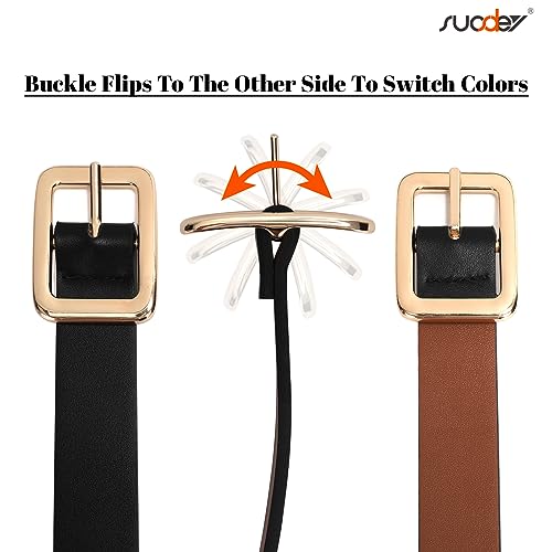 Image of SUOSDEY Women Reversible Leather Belts for Jeans Pants Dresses Ladies Black /Brown Belts with Fashion Gold Buckle, A: Black / Brown(type 1), fits waist from 28 inch-32 inch