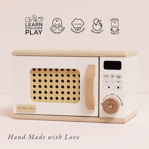 Le Toy Van Wooden Toy Microwave, FSC® Certified Sustainable Wood, Pretend Play Kitchen Appliance with Rattan Door - Image 3