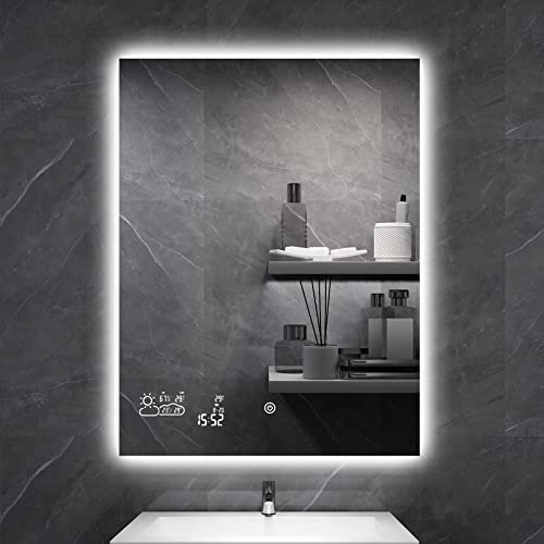 byecold Espejo de baño LED antivaho, 60 x 80 cm, Espejo de Pared con Interruptor táctil, estación meteorológica WiFi y Fecha, Espejo Inteligente, Vertical