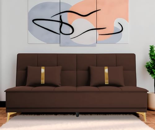 Image of Adorn India Premium New Alyssum 3 Seater Sofa Cum Bed 4X6 Velvet Suede with 2 Cushions (Color Brown) and Suitable for All Indoor, with 3 Years Warranty