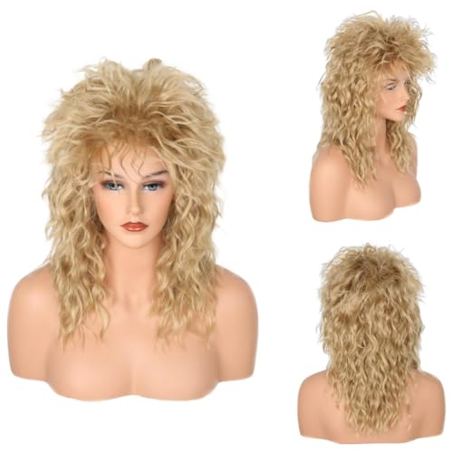 CGVG 70er 80er Jahre Rock Perücke mit Ohrringe Halskette Vokuhila Perücke Damen Rock Diva Perücken für Mottoparty Karneval Kostüm Party (Blond)(27F/613)