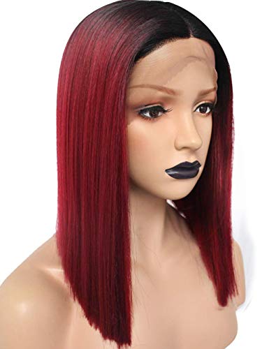 ANOGOL Hair Cap+Synthetic Fiber Hair Dark Roots Black Ombre Red Synthetic Lace Front Wig Short Bob Silky Straight Ombre Wigs L Shape Deep Parting 4 inches Front Lace Heat Resistant with 14 Inches