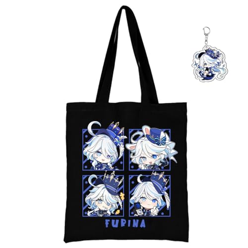 Genshin Impact Tote Bag Black Women Large Kawaii Shopping Bag Canvas Men Unisex, Free Keychain (Black-Furina,15x13 inches)