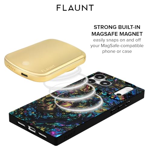 Image of Flaunt 5000mAh Wireless Battery Pack with USB-C Port - Metallic Gold | Slim Portable Power Bank - Compatible for MagSafe and Wireless Charging for iPhone, Smartphone, AirPods, Headphones, and More