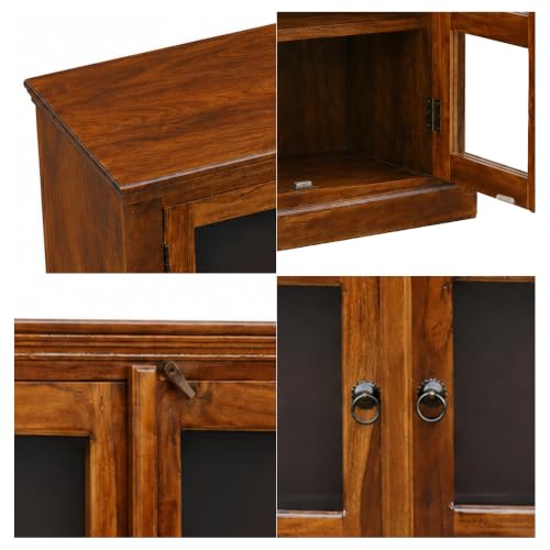 Image of Wood Crockery Cabinet with Glass Door | Wooden Showcase Almirah | Book Shelf Crockery Unit for Home & Kitchen Living Room - (Natural)