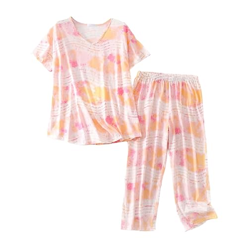 Pijama Grams de verano con cuello redondo, pijama de manga corta, pantalones largos a juego, pantalones de pijama familiares, naranja, XXL