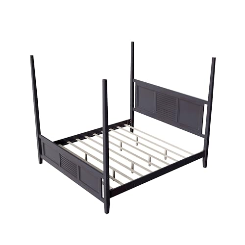 Traditional-King-Size-Solid-Wood-Four-Poster-Bed-with-Horizontal-Grille-Design-Espresso Traditional King Size Solid Wood Four Poster Bed with Horizontal Grille Design Espresso