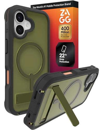 Image of ZAGG Rainier Case with Kickstand for iPhone 17 - Green Sea Kelp, Graphene 22ft (7m) Drop Protection, Lanyard Attach Points, MagSafe, Wireless Charging Compatible, 2-Piece Design, Phone Case