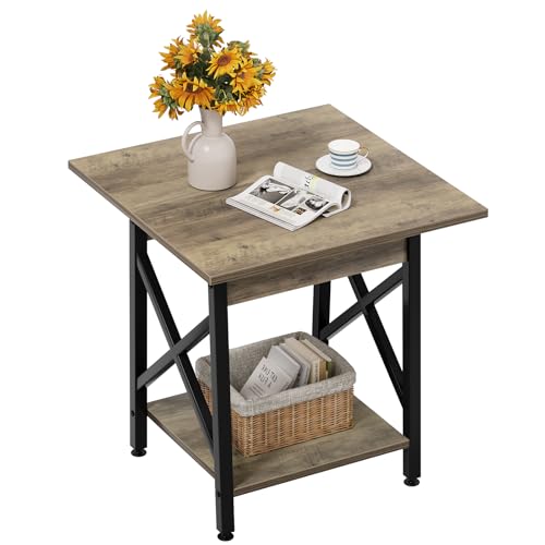 Image of GreenForest Square End Table 24 Inch with X-Frame 2-Tier Storage | Nightstand for Living Room & Bedroom, Rustic Decor, Sturdy, Waterproof Scratchproof Top, Easy Assembly, Gray Wash