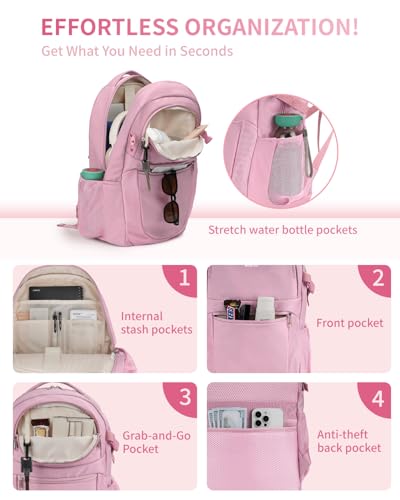 Image of ECOHUB Travel Backpack for Women, 17.3 inch Suspended Laptop Backpack, Fashion Water-Resistant 28L Personal Item Bag with 12 Pockets for Causal, Work, Pink