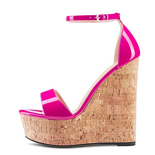 Aachcol Women Platform Wedge Sandals Round Peep Open Toe Ankle Strap Slingback Two-Piece Chunky Block High Heel Dress Shoes Pumps Party Patent 6 Inch2