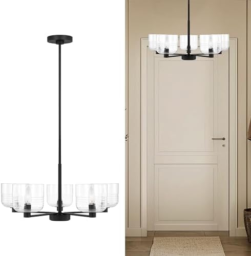 Scott Living 5-Light Lochdale Modern Chandelier in Midnight Black Finish with Clear Ribbed Shade DJC1225MBK, Modern Chandelier That Enhances Farmhouse Decor and Room Decor in Living and Dining Areas