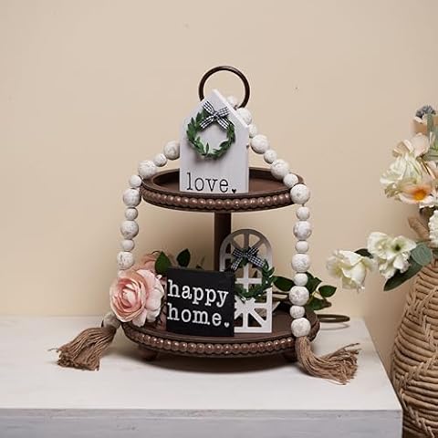 GENMOUS & CO. Beaded 2 Tiered Tray, Halloween Christmas Wooden Farmhouse Decoration, 3pcs Tiered Tray Decor Signs & 1pc Wood Bead Garland for Home Country Rustic Coffee Table Decor (Dark Brown) Cover