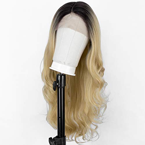 Deep Right Side L Part Wigs 2 Tones Ombre Blonde Synthetic Wig with Dark Roots Long Wavy Wig for Women Heat Resistant