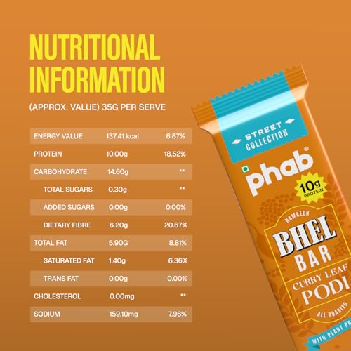 Image of PHAB Protein Bhel Bar - Podi Curry Leaf Flavour | Roasted Snack with South Indian Spice Blend | 10g Protein, <150 Cal, Gluten-Free, No Palm Oil | (Pack of 6x35g)