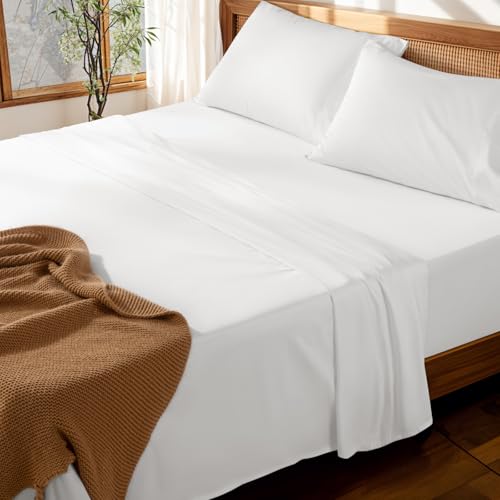 LBRO2M 100% Cotton Sheets Set Deep Pocket Up to 18-24 1000 Thread Count Queen Size 4 Pcs Bed Sheet Sets Soft Comfortable Bedding All Season (Queen White)