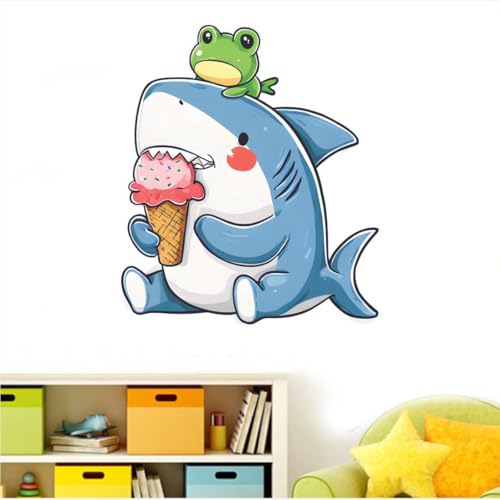 Image of Cute Shark with Ice Cream Wall Sticker | Cartoon Sea Animal Self Adhesive Wall Decal for Ki-ds Room, Nursery, Bedroom & Playroom Decoration