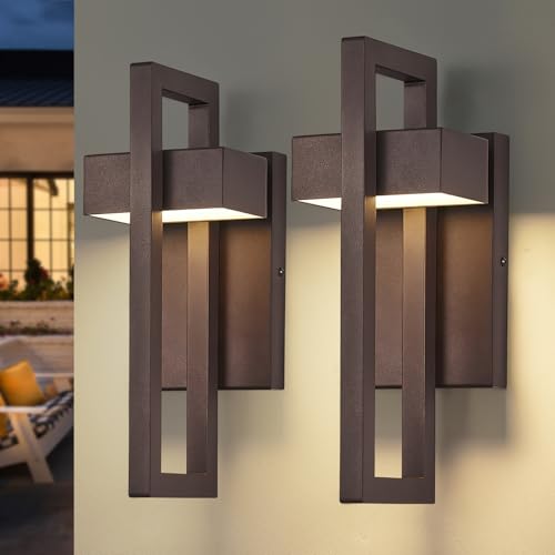 Image of tewei Modern LED Outdoor Wall Sconce Brown Outdoor Lights for House, 13.7'' LED Exterior Lighting Fixtures Outside Wall Mount Lights for Front Porch Hallway, Warm White 3000K, 2 Pack