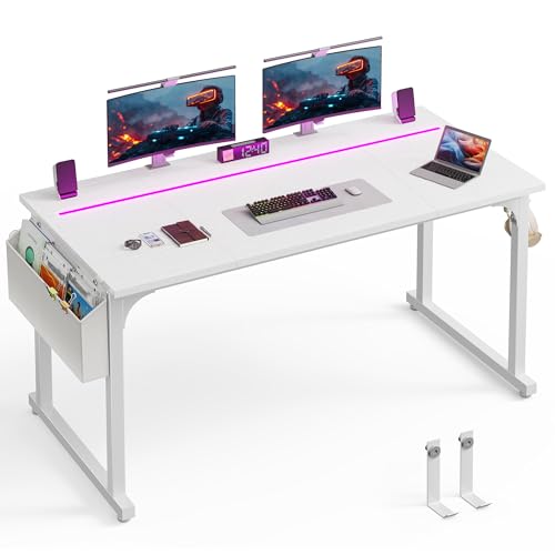 Image of DurayLoly 55 Inch White Computer Desk with LED Lights, Office Desk with Storage Bag for Home Office, Gaming Desk with Headphone Hook for Study Writing Work Desk,Sturdy Metal Frame