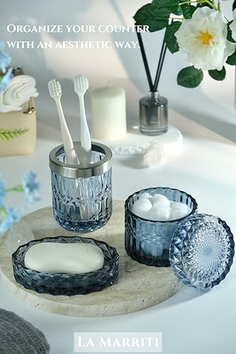 Crystal Glass Bathroom Accessories Set, 9 Pcs Blue Lotion Dispenser Set, Soap Dish, Toothbrush Holder, Tumbler, Cotton Swab Jars, Vintage Bathroom Decor and Crystal Glass Gift Set - Image 8