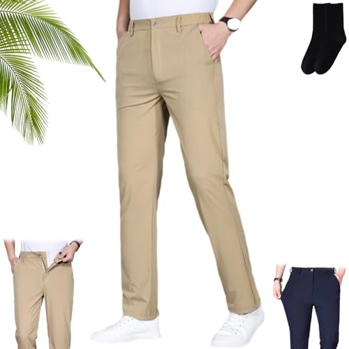 Truecups Mens Pants, Casual Stretch Comfort High Waist Ice-Silk Pants, Classic Fit Work Dress Straight Leg Trousers