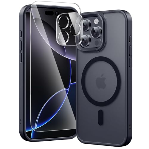 Kingbus 3 in 1 for iPhone 16 Pro Max ケース MagSafe対応 【ガラスフィルム1枚+カメラ保護1枚 】マット肌触りバックカバー 耐衝撃ストラップホール付きアイフォン16プロマックスケース 6.9インチ マットブラック