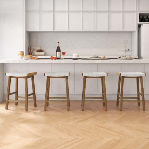 Conjunto de 4 butacos de taburete con asiento tejido de algas marinas, altura de barra de 25,5 pulgadas, estructura de madera de caucho y acacia, reposapiés, para isla de cocina y comedor, color natural miniatura 4