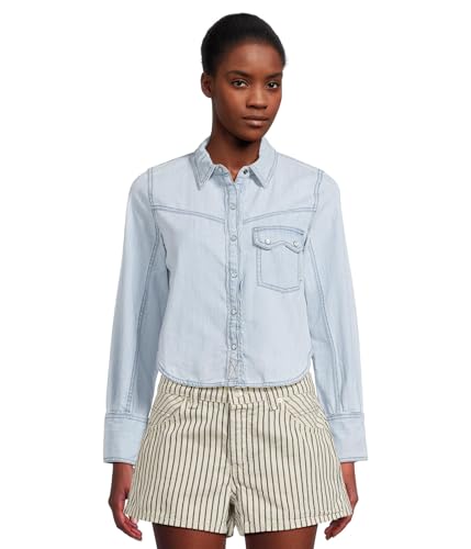 Free People Women's Shrunken Denim Indigo, Light Wash Faded