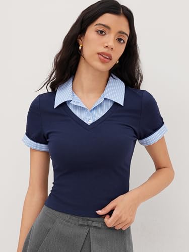 CIDER Women Cotton Collar Stripe Two Tone Short Sleeve Knit Fabric Tops2