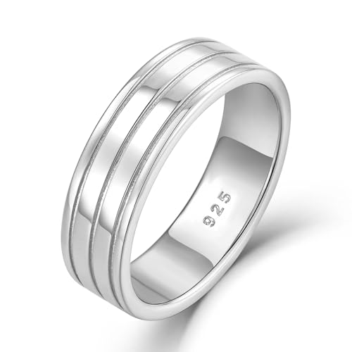 STARCHENIE Solid 925 Sterling Silver Ring for Men 6mm Wedding Band Striped Comfort Fit Size 8-12