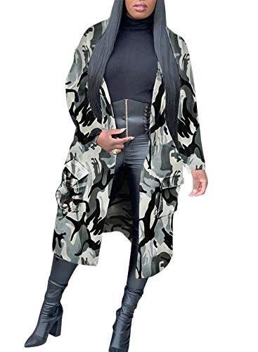 LKOUS Women's Camouflage Overcoat Long Sleeve Open Front Long Coat Windbreaker