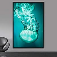 Framed Canvas Wall Art Jellyfish Bedroom Colorful Jellyfish Marine Life Multicolor Neon Photography Tropical - 16x24 inches