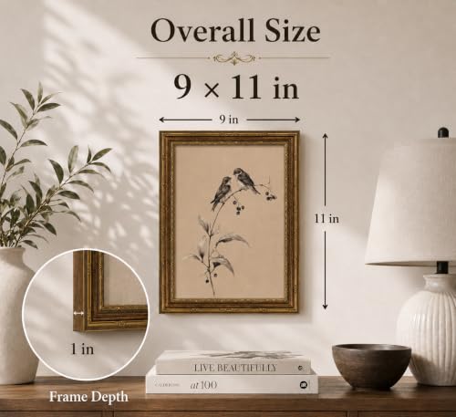 Image of Gold Framed 3D Textured Wall Art, Vintage Sketch Birds on Branch Canvas Prints, Minimalist Love Bird Pictures Decor, Neutral Botanical Birds Gallery Artwork for Living Room Bedroom Bathroom 9x11inch