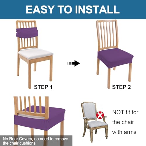Image of Smiry Waterproof Seat Covers for Dining Room Chairs, No Rear Covers | Stretch Jacquard Removable Washable Chair Seat Slipcovers Protector, Set of 4, Purple