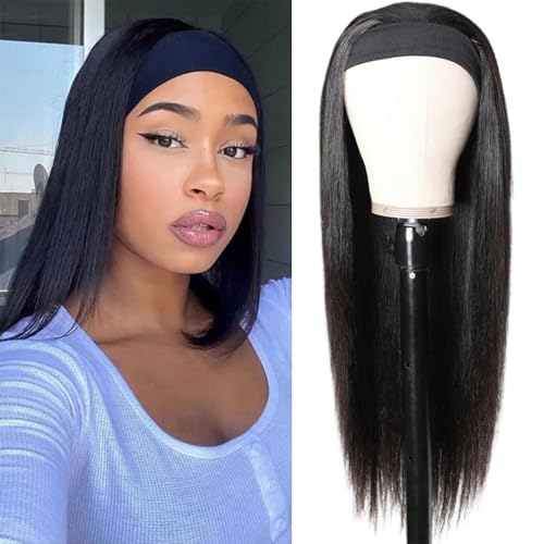 Image of Aiterina Headband Wig Human Hair Straight Headband Half Wigs Human Hair for Black Women Glueless Human Hair Wigs None Lace Front Wigs 150% Density Natural Color Wear and Go Wig 12 Inch