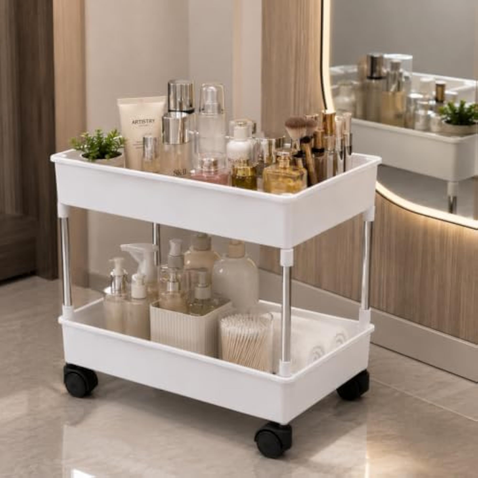 Slim Kitchen Storage Trolley, 2 Tier Rolling Utility Cart with Wheels