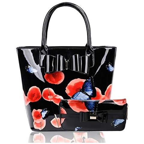Women 2 in 1 Poppy Flower & Butterfly Bucket Shaped Handbag Shopper Shoulder Top-Handle Bag With Purse Set (Black) Cover