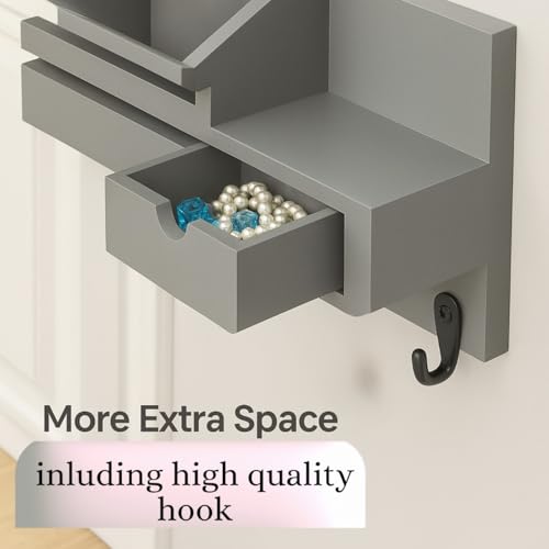 Image of Wooden Wall Mounted Key Holder with Hooks and Organizer Shelf Wall Rack for Letters Wallets and Accessories Home and Office Wall (Grey, Drawer Organizer)