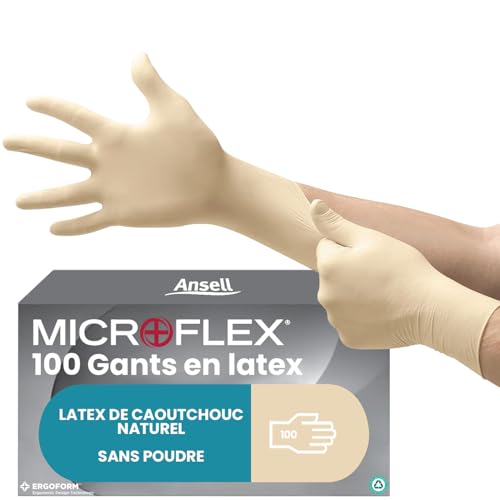 Ansell MicroFlex 63-864, Gants jetables avec bouts des doigts texturés, gants latex S blancs sécurisés pour l'industrie, Gants de travail sans poudre, Gants de protection polyvalents, 100 gants