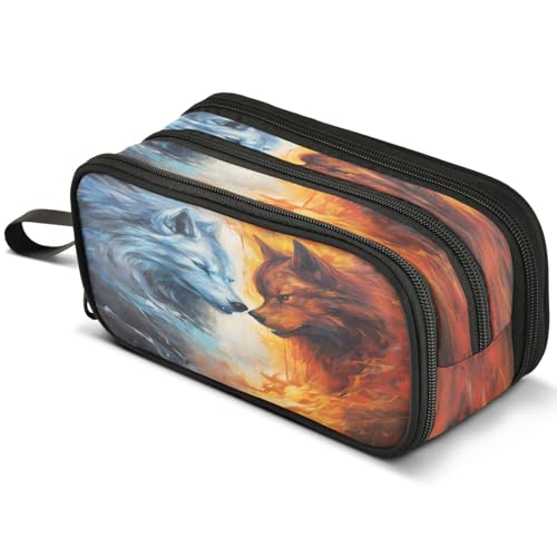 Image of ALAZA Fire Ice Wolf Watercolor Large Pencil Case, Pen Pouch Pencil Bag with 3 Compartments Pen Holder Organizer Stationery Bag